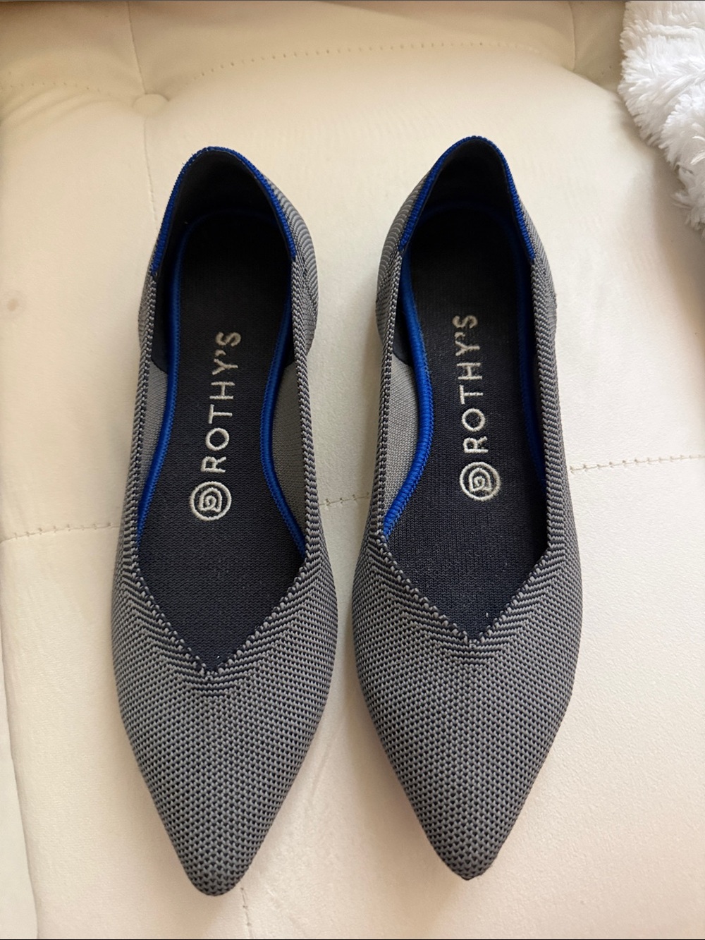 Rothy's Pointed Knit Flats in Gray with Blue Trim